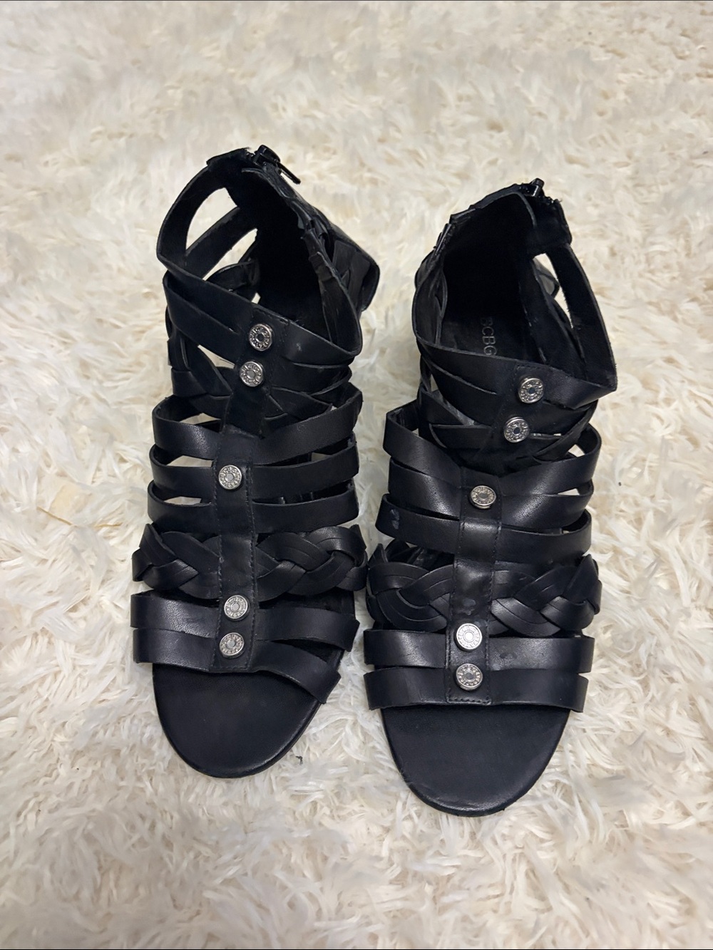 BCBGeneration Black Braided Strappy Gladiator Heels